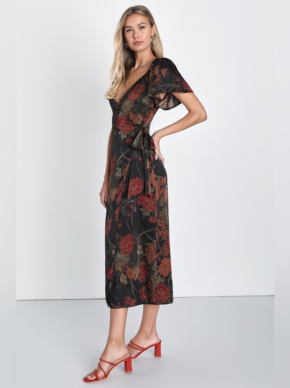 Lulus Subtle Elegance Black Floral Print Faux Wrap Midi Dress - Picture 2 of 9